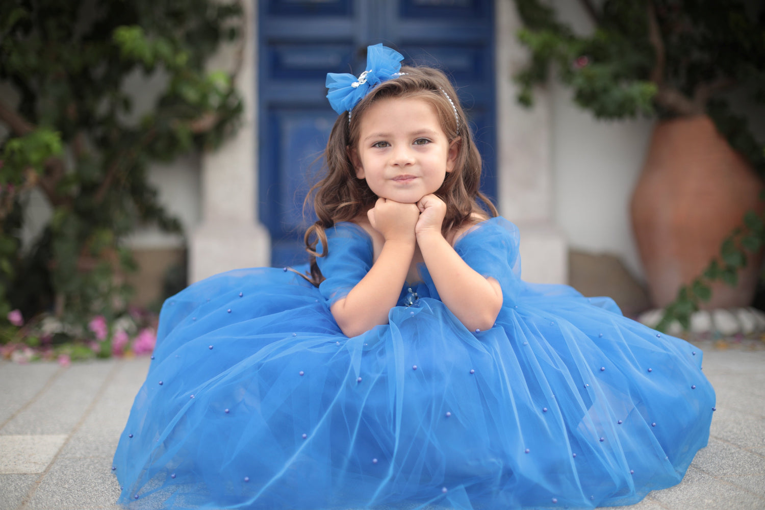 Blue Net Designer Readymade Princess Kids Gown DT51642